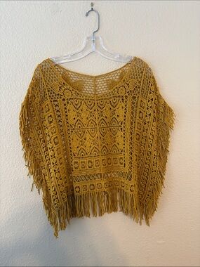 Crochet Fringe Poncho Sweater in Mustard